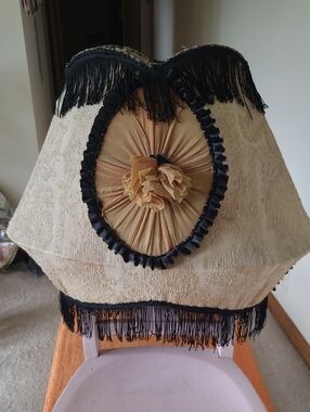 Vintage- Cream and Gold Decorative Lampshade with Black Fringe Trim